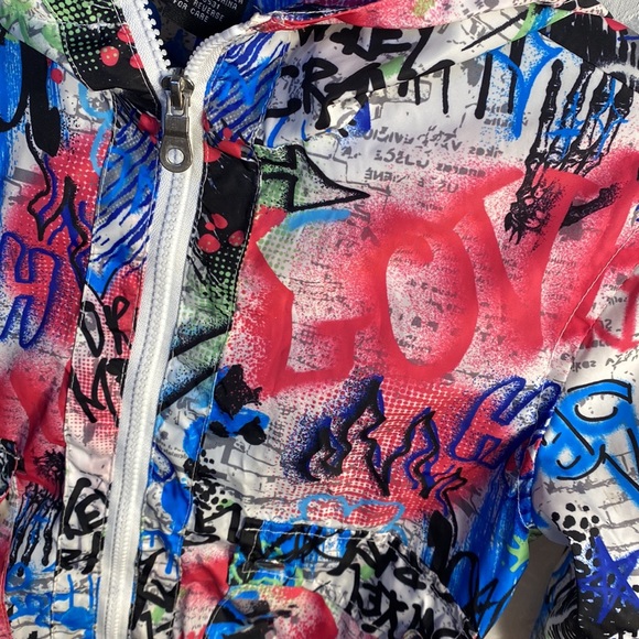 Girls 7 8 lightweight windbreaker graffiti color pop jacket coat - Picture 3 of 5